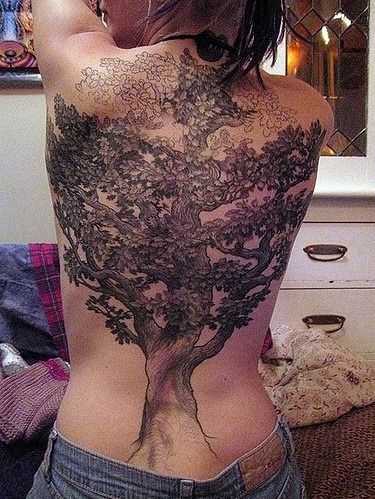 Amazing oak tree back tattoo