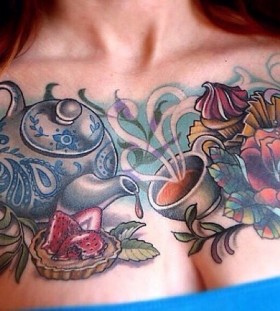 Amazing teapot chest tattoo