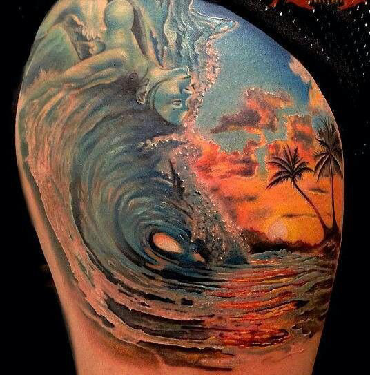 Amazing wave and sunset tattoo