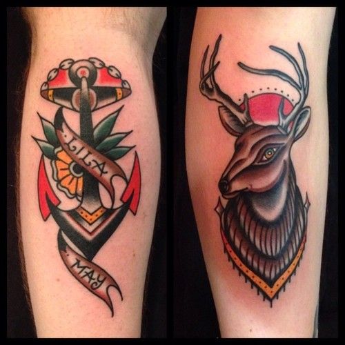 Anchor and deer tattoos by Nick Oaks