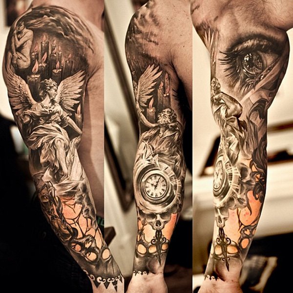 Angel and clock full arm tattoo