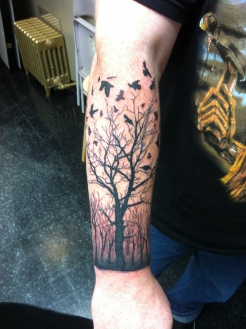 Awesome dead tree and birds tattoo