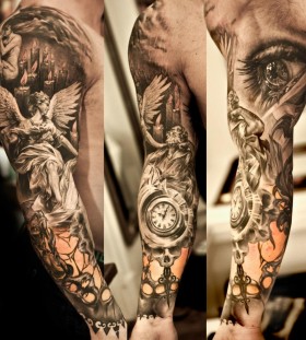 Awesome full arm pocket watch tattoo