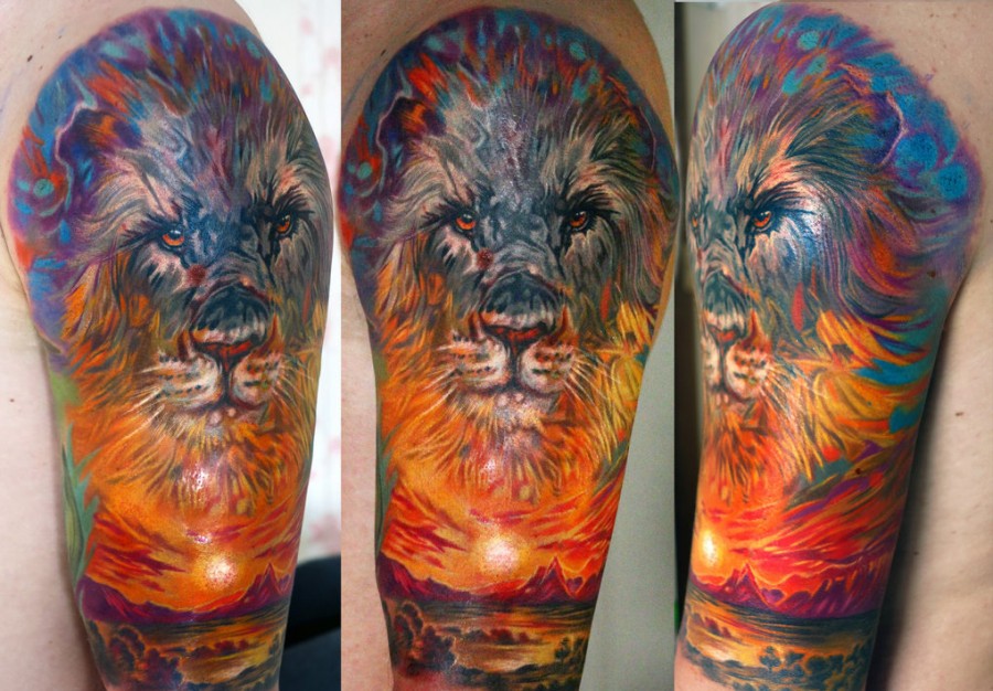 Awesome lion and sunset tattoo