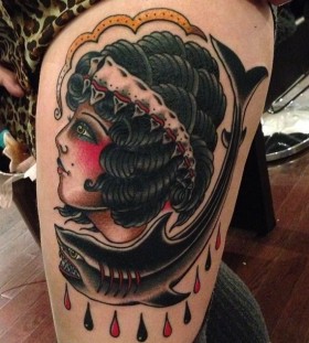 Awesome shark and woman tattoo by Nick Oaks