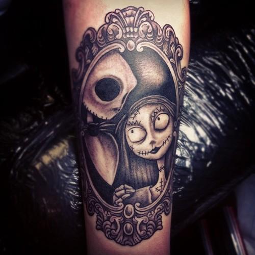 Awesome skeleton in a suit frame tattoo