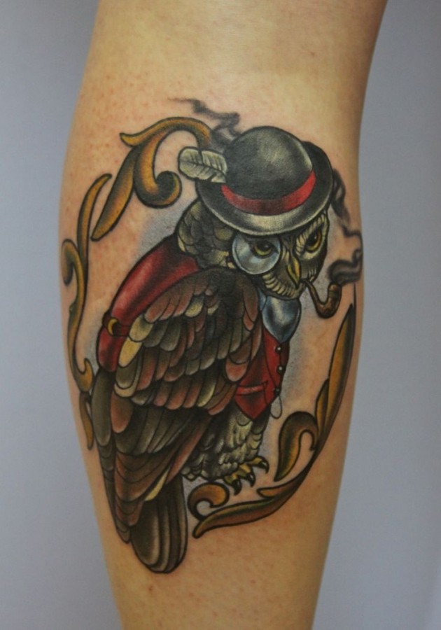 Awesome smoking owl tattoo by Eva Huber