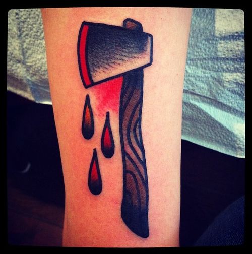 Axe and blood drops tattoo by Nick Oaks