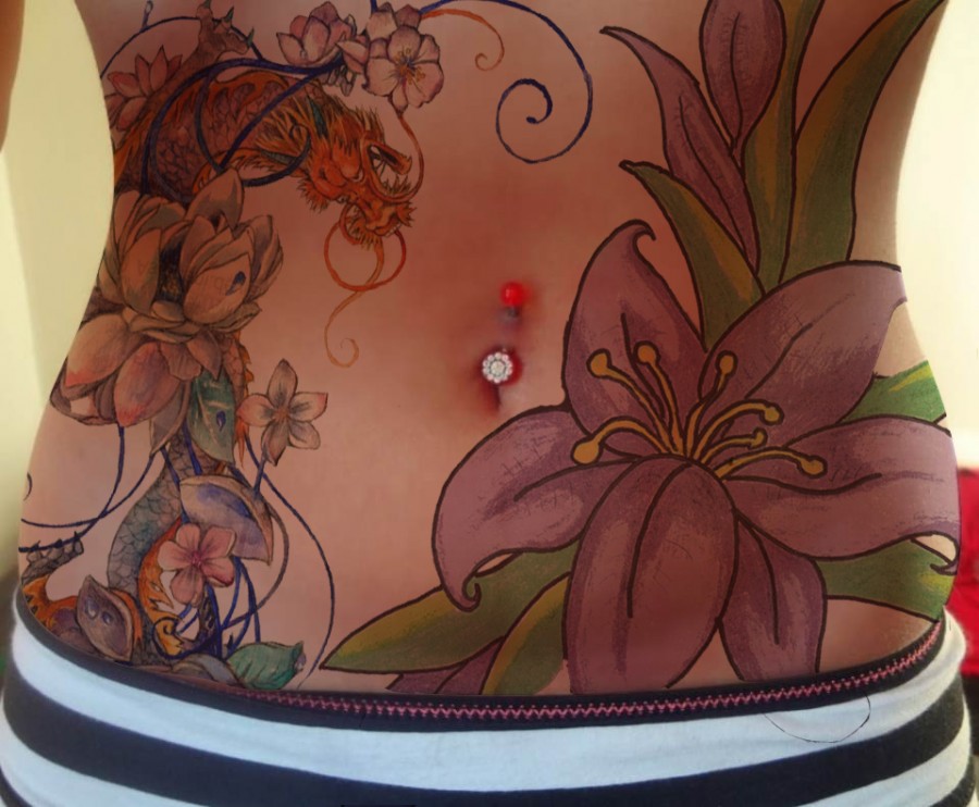 Beautiful flowers stomach tattoo