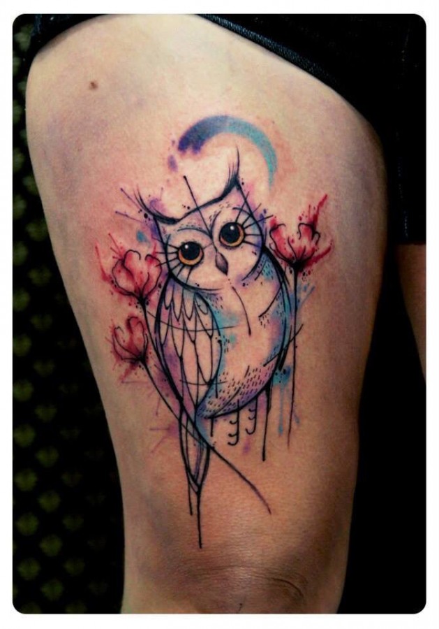 Beautiful watercolour owl tattoo by Tyago Compiani