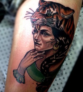 Beautiful woman with tiger's head tattoo by Drew Shallis