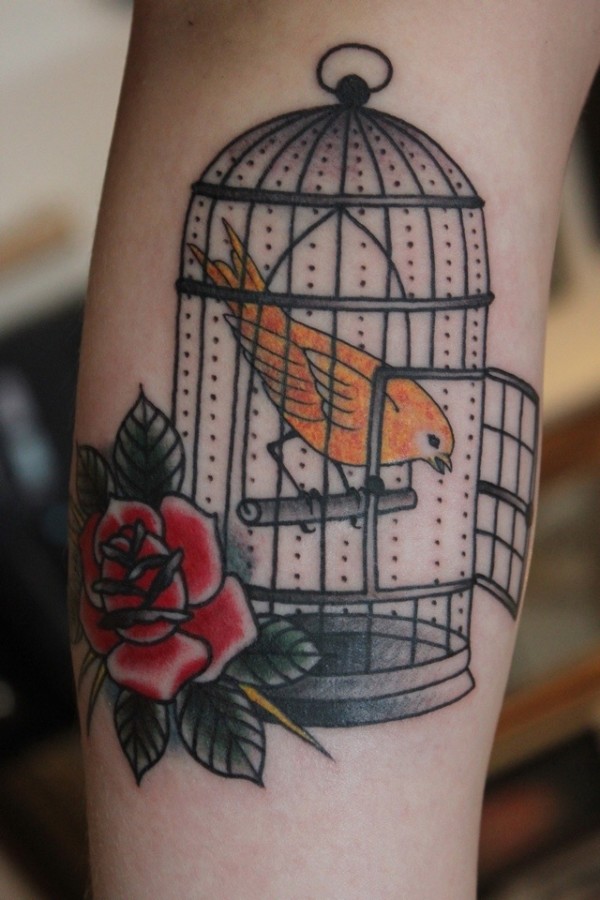 Birdcage and rose tattoo