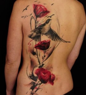 Birds and flowers back tattoo by Florian Karg