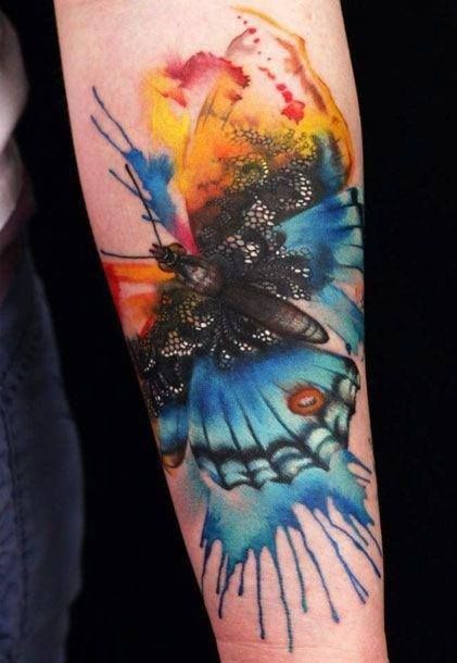 Black lace watercolor butterfly tattoo