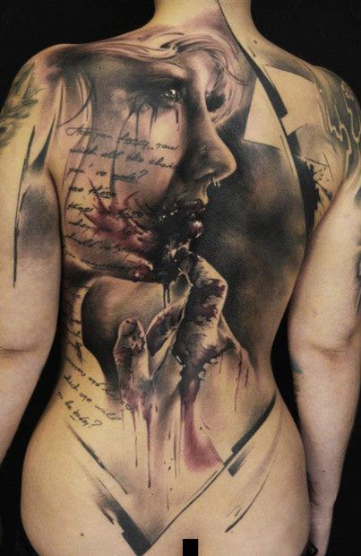 Bloody girl back tattoo by Florian Karg