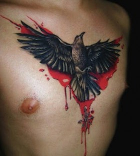 Bloody raven chest tattoo