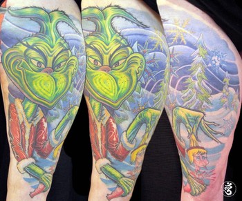 Blue and green grinch christmas tattoo