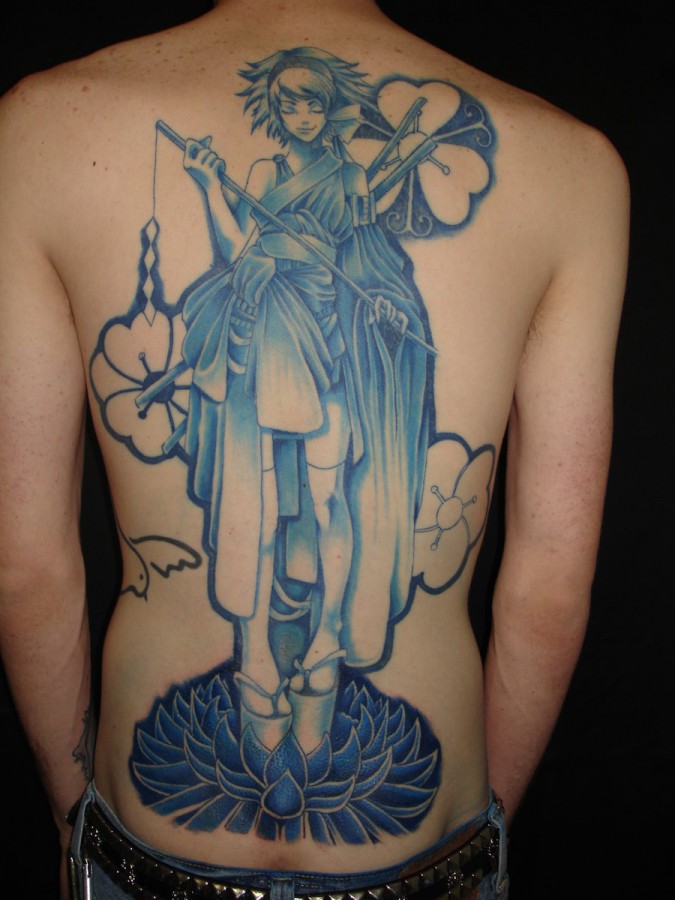 Blue girl’s full back anime tattoo