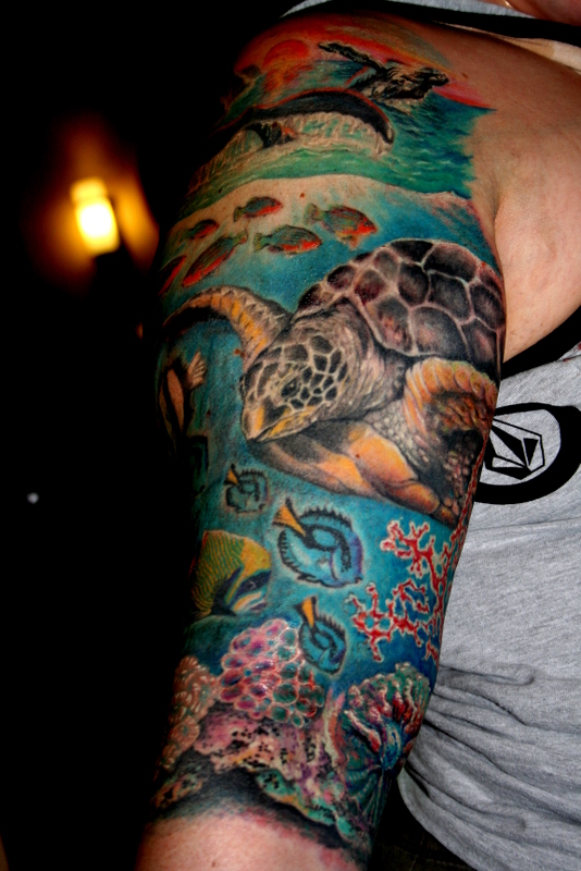 Blue ocean and turtle tattoo