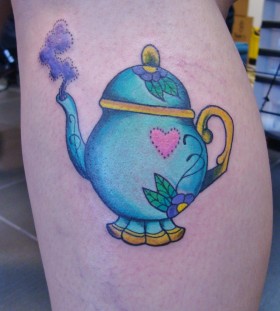 Blue teapot leg tattoo