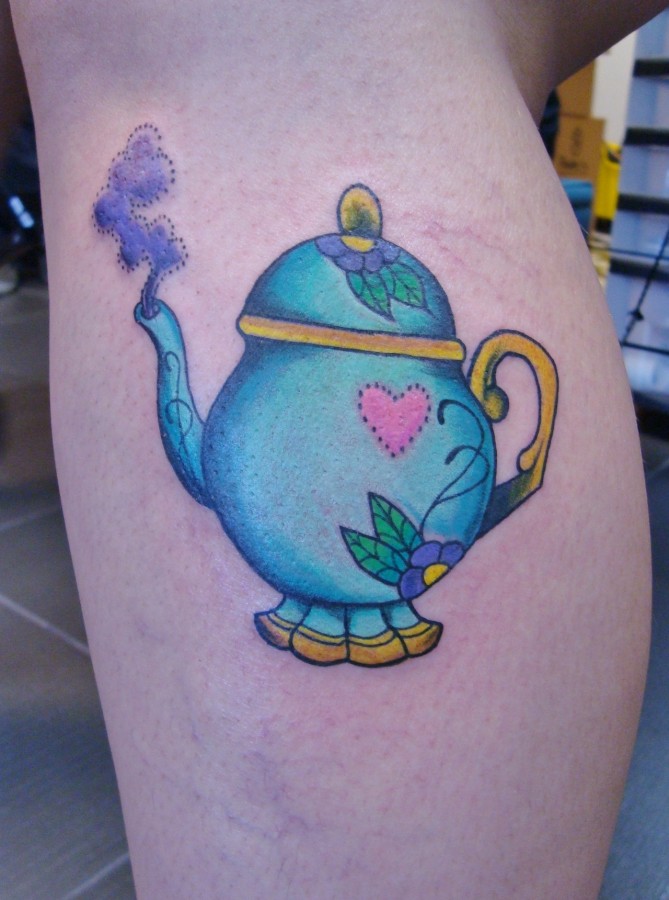 Blue teapot leg tattoo