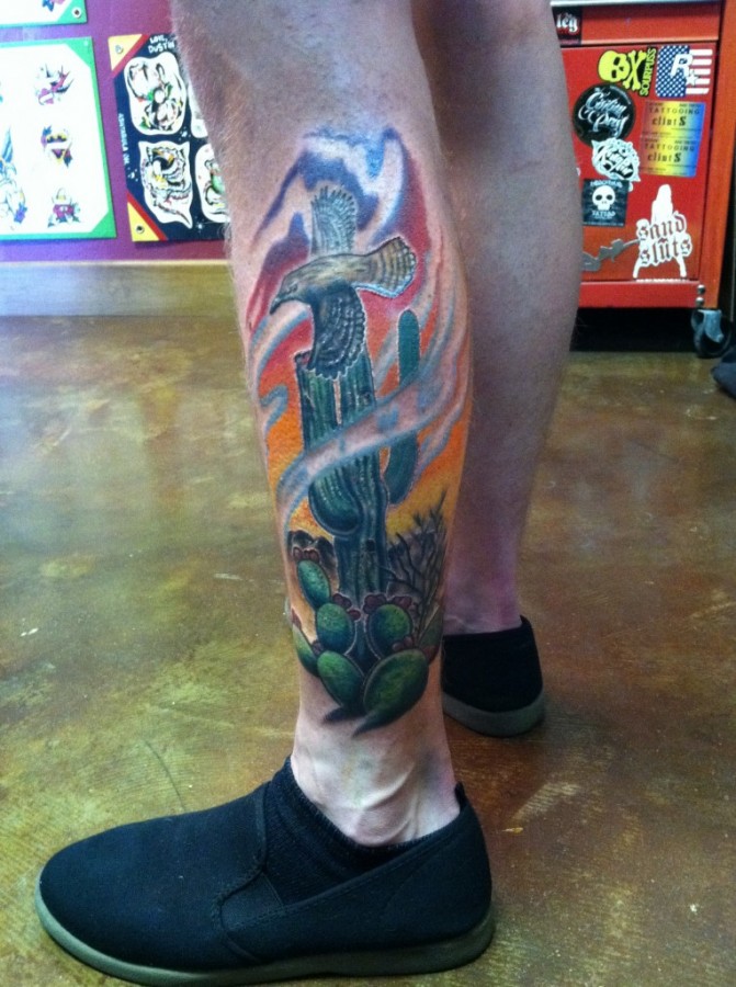 Brilliant cactus leg tattoo