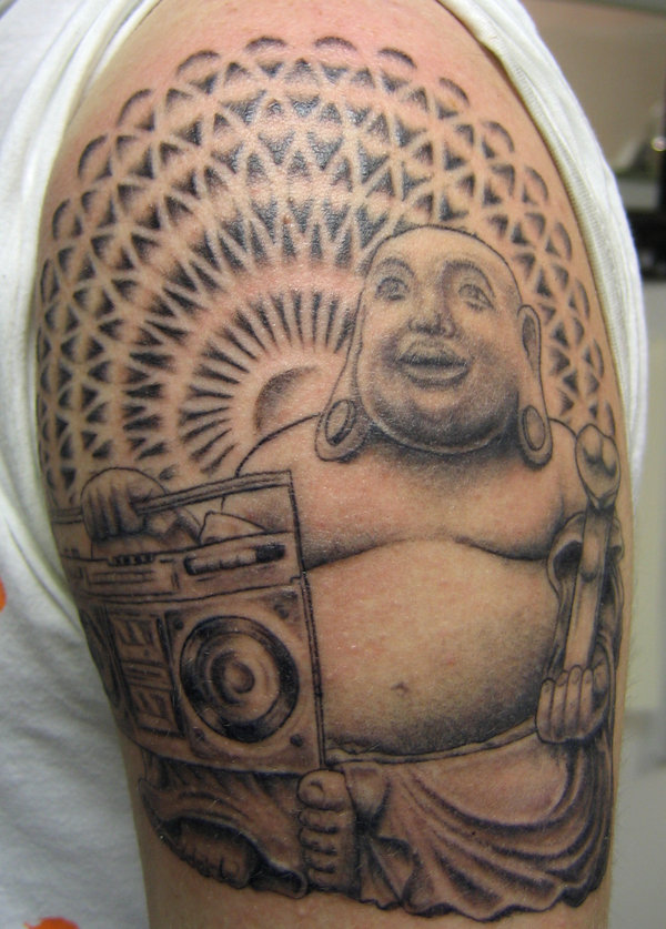 Buddha with a boombox tattoo