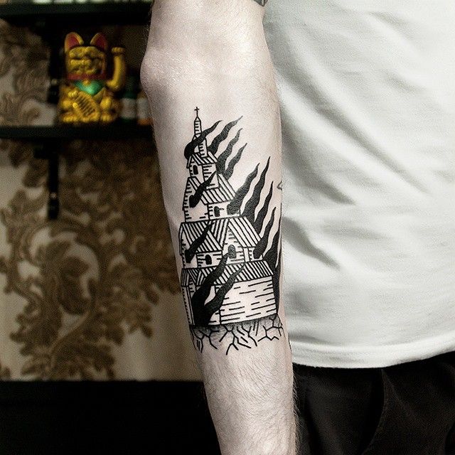 Burning church tattoo by Dase Roman Sherbakov