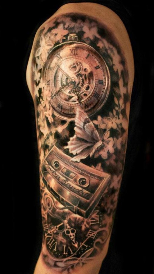 Casette and clock tattoo by Ellen Westholm