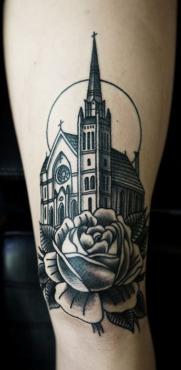 Church and rose tattoo by Philip Yarnell