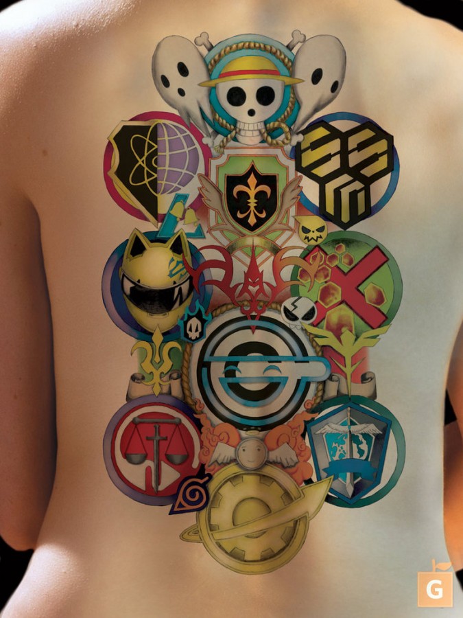 Colorful back anime tattoo