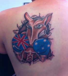Coloured boxing kangaroo back tattoo