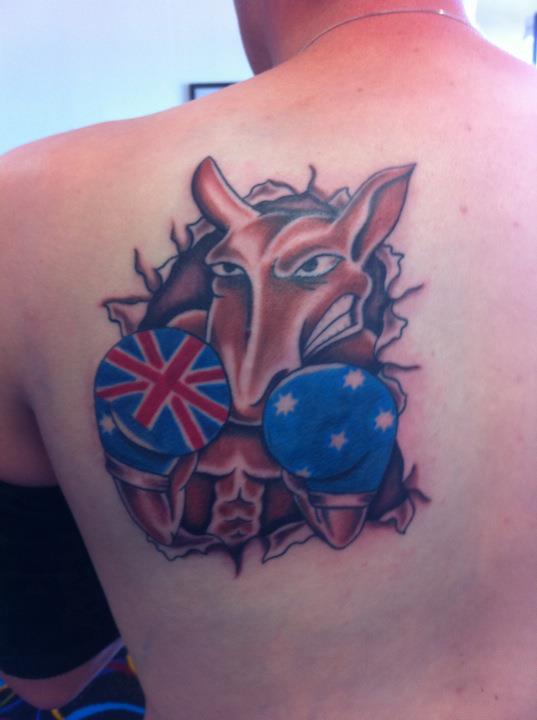 Coloured boxing kangaroo back tattoo