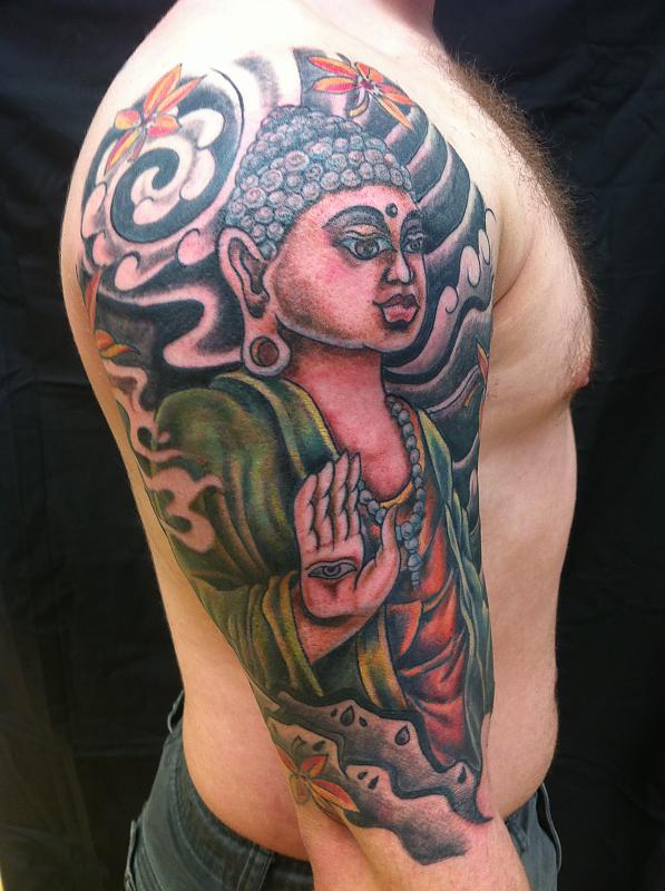 Coloured buddha arm tattoo