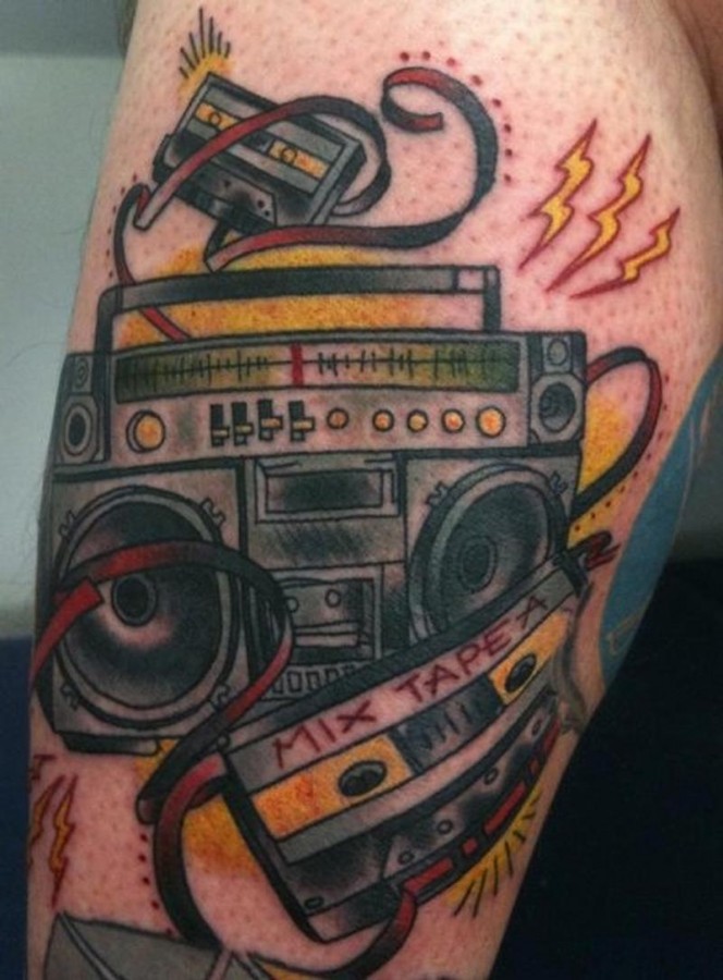 Coloured crazy boombox tattoo