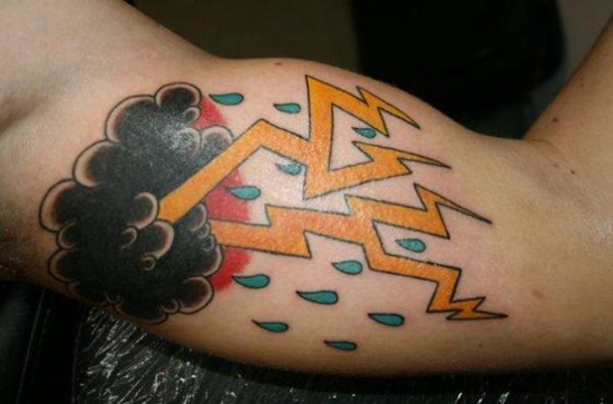 Coloured lightning and cloud tattoo