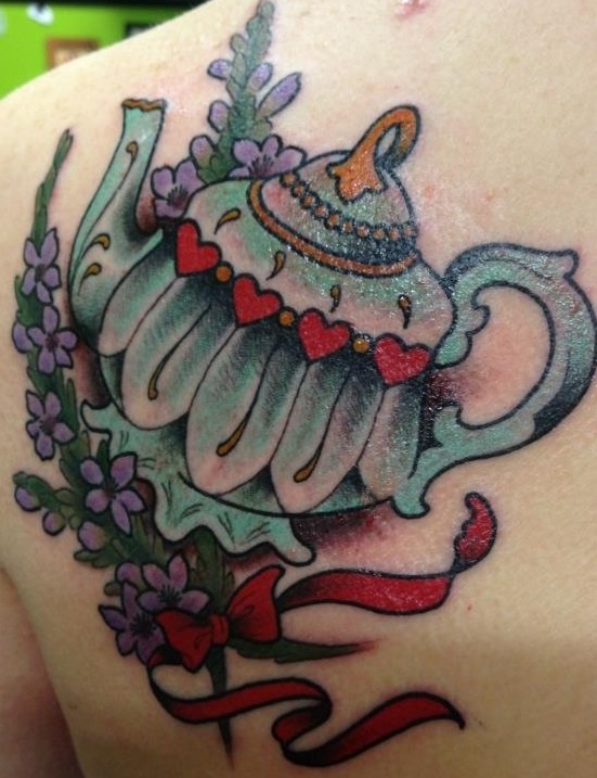 Coloured teapot back tattoo