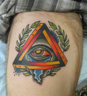 Coloured triangle eye leg tattoo