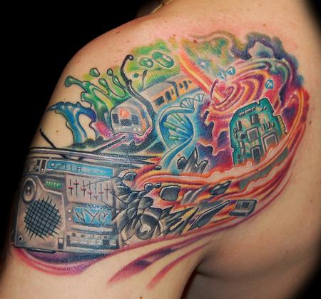 Colourful boombox tattoo