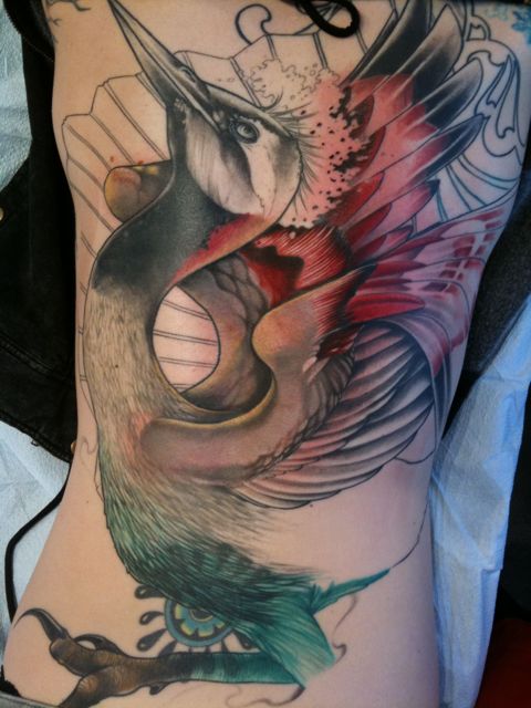 Colourful crane tattoo design