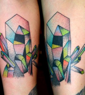 Colourful crystals leg tattoo