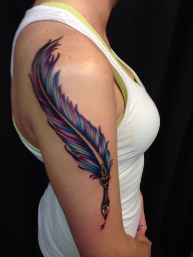 Colourful feather pen tattoo