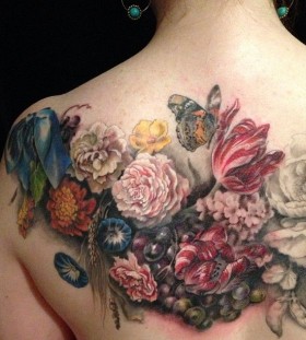Colourful flowers back tattoo by Esther Garcia