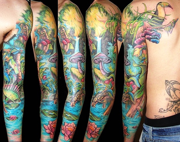 Colourful full arm mushroom and nature tattoo