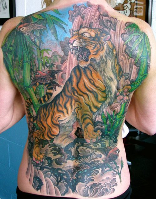 Colourful jungle back tattoo