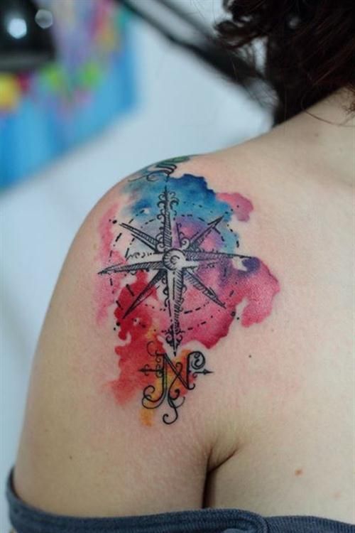 Compass shoulder watercolor tattoo