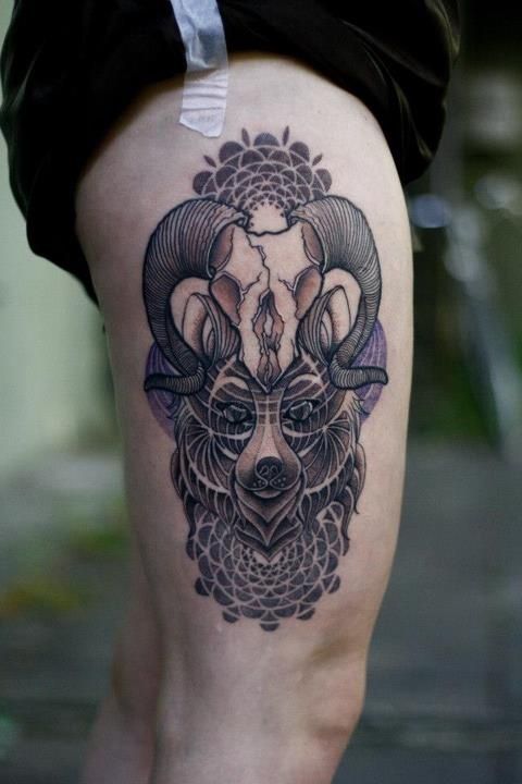 Cool goat skull leg tattoo