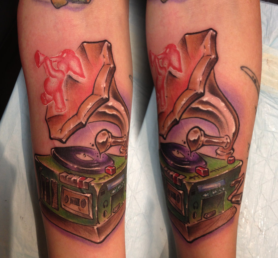 Cool gramophone and elephant tattoo