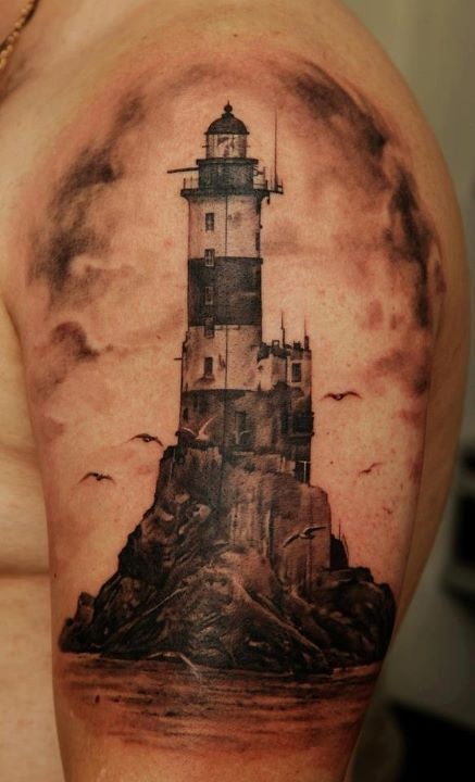Cool lighthouse tattoo by Dmitriy Samohin