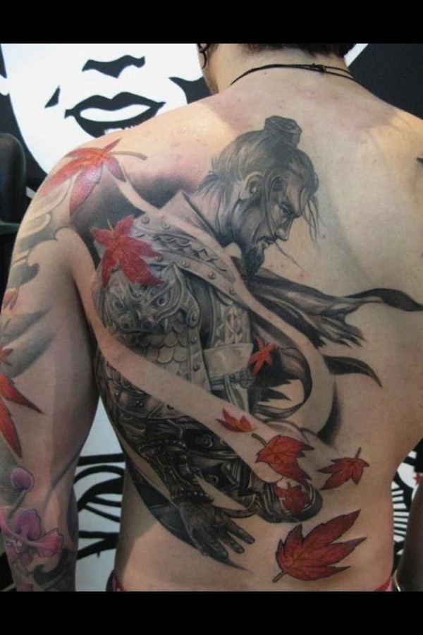 Cool samurai and leaves back tattoo